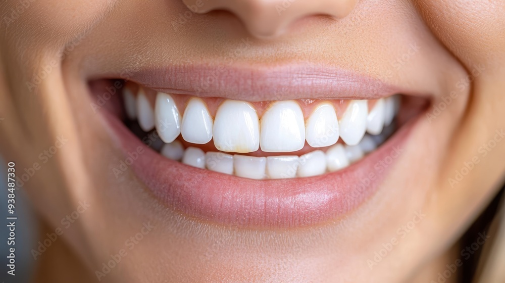 This image features a close-up of a person's smile revealing slightly discolored teeth among otherwise bright white teeth, illustrating dental imperfections and realness.