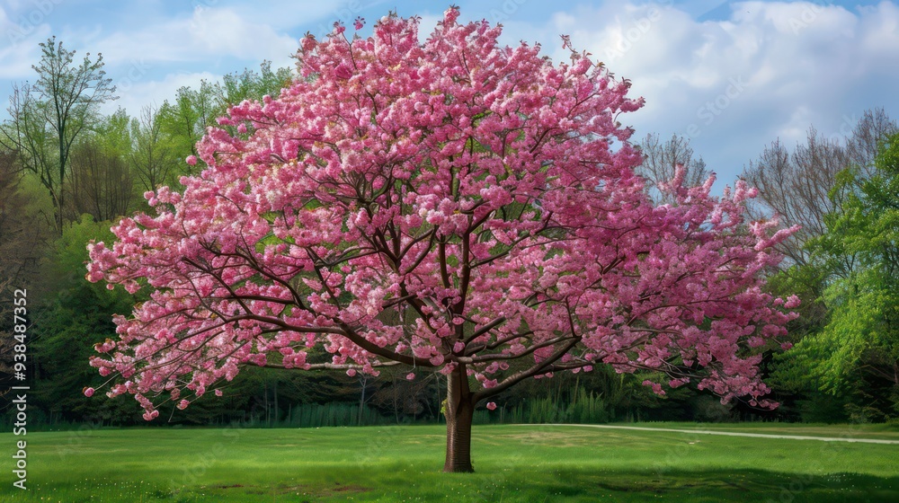 A single pink cherry blossom tree in full bloom against a blue sky and green forest background. A single pink cherry blossom tree in full bloom against a blue sky and green forest background.