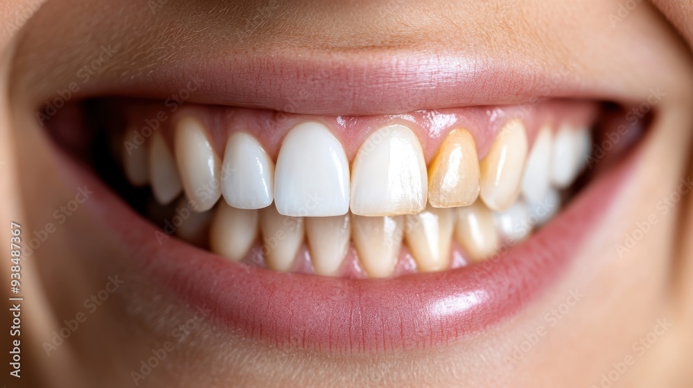Fototapeta premium A high-resolution close-up image showing a person's smile with one prominently discolored tooth among otherwise bright white and well-maintained teeth, indicating dental health issues.