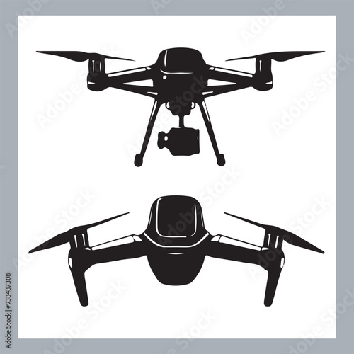 Drone quadcopter with camera black symbol, Black silhouette of military drone. Top, front and side view. Army aircraft for intelligence and attack, silhouette of a drone flying