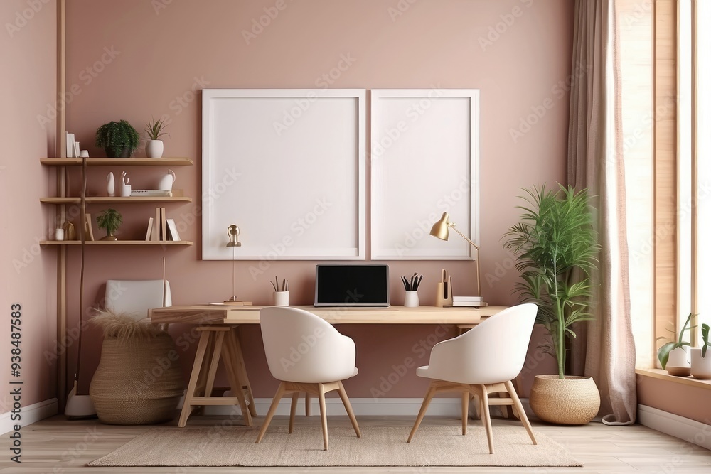 Cozy workplace interior at home with frame mockup, 3d render Cozy workplace interior at home with frame mockup, 3d render