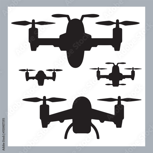 Drone quadcopter with camera black symbol, Black silhouette of military drone. Top, front and side view. Army aircraft for intelligence and attack, silhouette of a drone flying