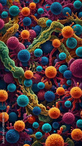 Stylized Bacteria Colony with Vibrant Colors and Unique Shapes photo