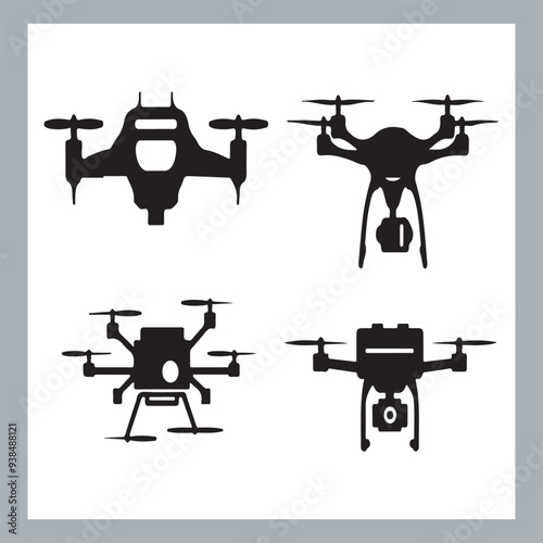 Drone quadcopter with camera black symbol, Black silhouette of military drone. Top, front and side view. Army aircraft for intelligence and attack, silhouette of a drone flying