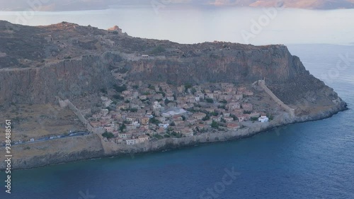 Greece Peloponnese Region Monemvasia Town and Peninsula at Sunset Aerial View 4K photo