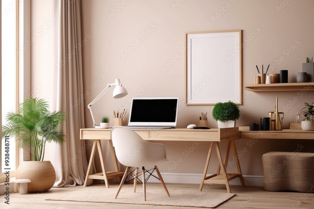 Cozy workplace interior at home with frame mockup, 3d render Cozy workplace interior at home with frame mockup, 3d render