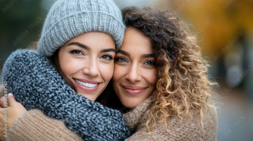 Two women are hugging affectionately while wearing cozy winter clothing, including knit hats, warm scarves, and smiling warmly at the camera in a joyful, winter setting. Two women are hugging affectionately while wearing cozy winter clothing, including knit hats, warm scarves, and smiling warmly at the camera in a joyful, winter setting.