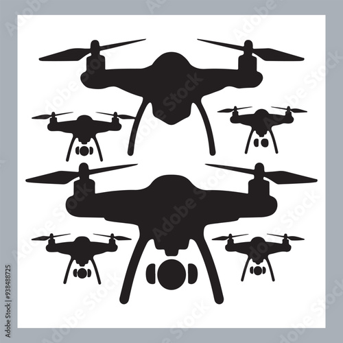 Drone quadcopter with camera black symbol, Black silhouette of military drone. Top, front and side view. Army aircraft for intelligence and attack, silhouette of a drone flying