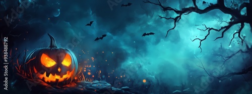 Halloween pumpkin with glowing eyes and cauldrons, Halloween festive atmosphere, glowing city lights, mystical forest with castle, carnival background