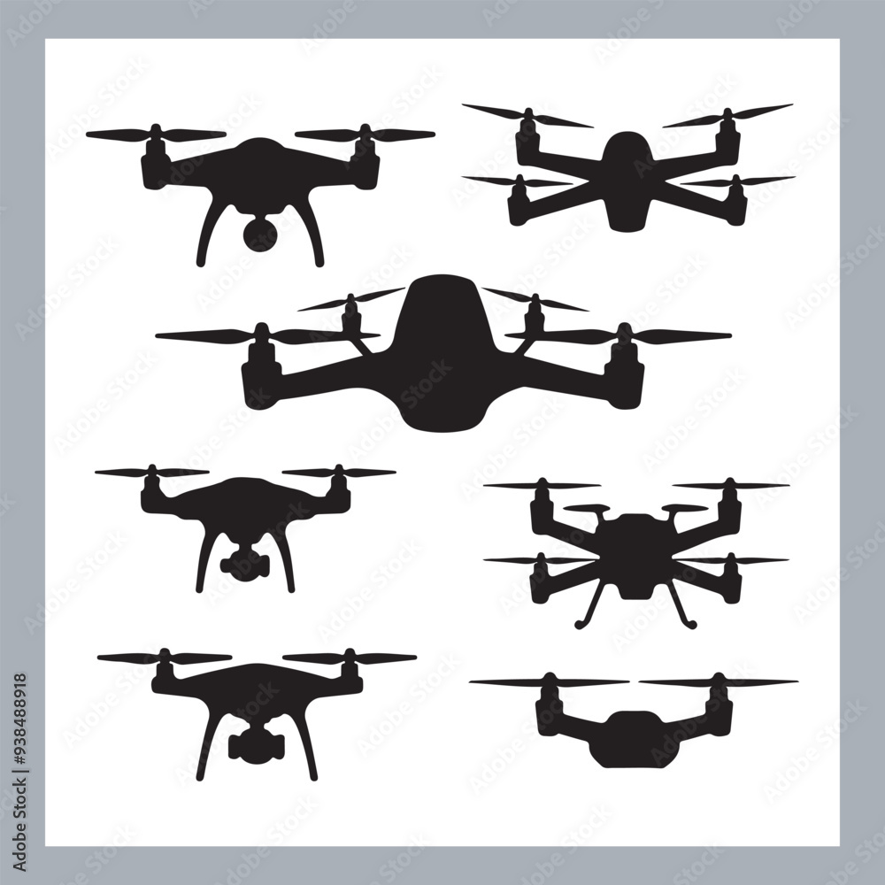 Drone quadcopter with camera black symbol, Black silhouette of military drone. Top, front and side view. Army aircraft for intelligence and attack, silhouette of a drone flying Drone quadcopter with camera black symbol, Black silhouette of military drone. Top, front and side view. Army aircraft for intelligence and attack, silhouette of a drone flying