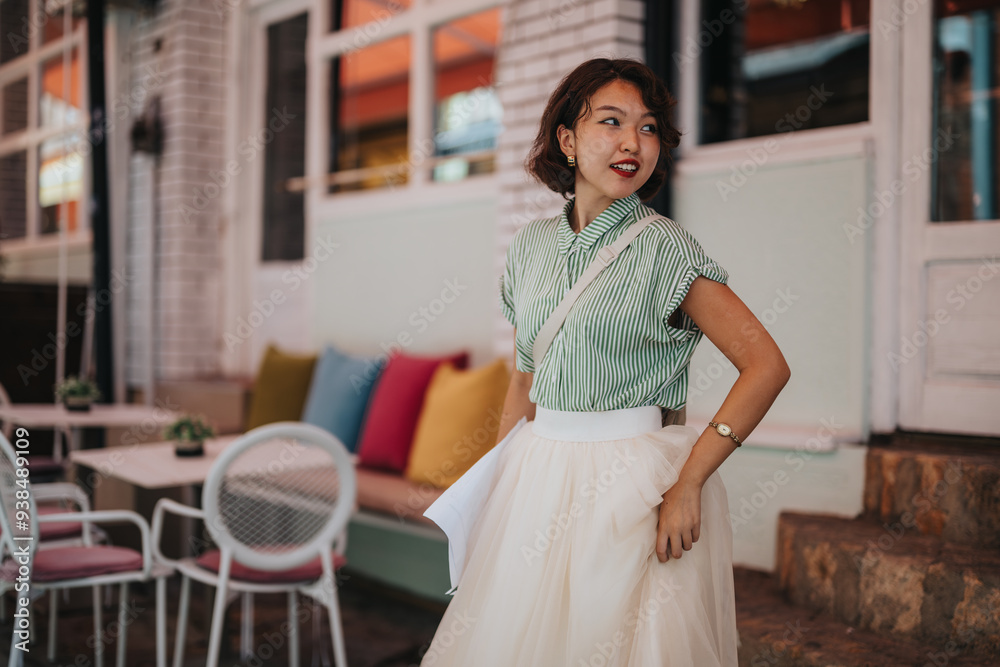 Gorgeous, Asian woman posing outdoors in a stylish outfit near a cozy cafe. She exudes confidence and fashion. Vibrant background with colorful cushions adding charm. Gorgeous, Asian woman posing outdoors in a stylish outfit near a cozy cafe. She exudes confidence and fashion. Vibrant background with colorful cushions adding charm.