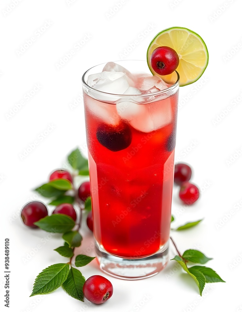 Vibrant Cocktail in Highball Glass with Ice and Fruit Garnish on White Background Vibrant Cocktail in Highball Glass with Ice and Fruit Garnish on White Background