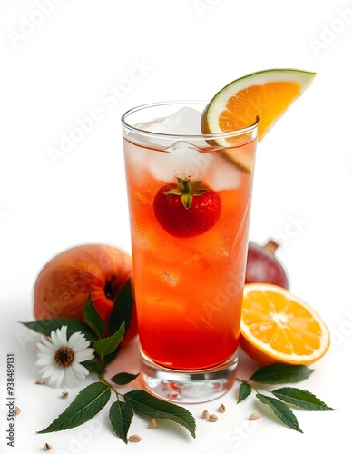 Vibrant Cocktail in Highball Glass with Ice and Fruit Garnish on White Background