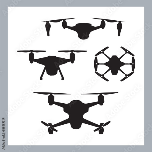 Drone quadcopter with camera black symbol, Black silhouette of military drone. Top, front and side view. Army aircraft for intelligence and attack, silhouette of a drone flying