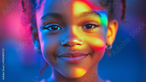 Rainbow of Hope: A close-up portrait of a young African American girl, her face bathed in vibrant, colorful light, symbolizing a future filled with possibilities and dreams.  