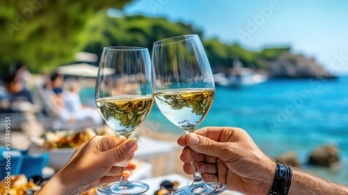 A couple toasts with glasses of white wine against a stunning sea backdrop, symbolizing romance, celebration, and the exquisite joy of shared moments by the water.