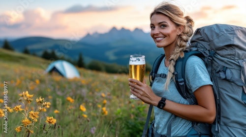 A smiling hiker with a large backpack appreciates a refreshing glass of beer in a blooming meadow, highlighting a perfect blend of adventure, relaxation, and nature’s beauty.