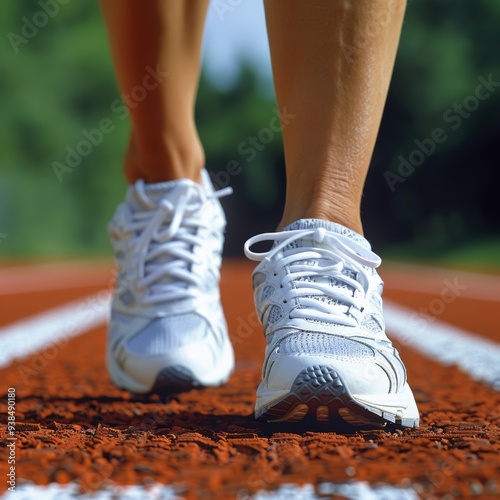 The image shows a runner s feet in white sneakers on a red running track with white lines. The runner is wearing white socks and the shoes are untied with the laces hanging down. photo