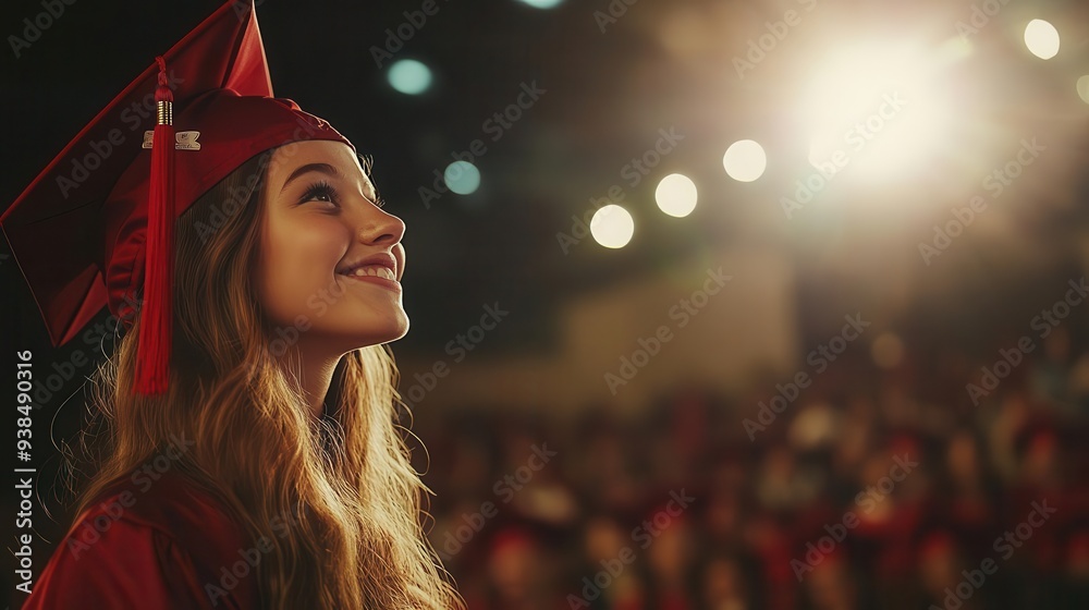 Fototapeta premium Education success with a student receiving an award on stage, captured in a moment of pride and recognition, Joyful, Bright, High Energy