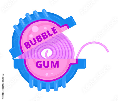 Bubble gum roll. Cartoon chewing gum in round plastic case, sugared bubblegum stripe flat vector illustration. Chewing bubblegum tape