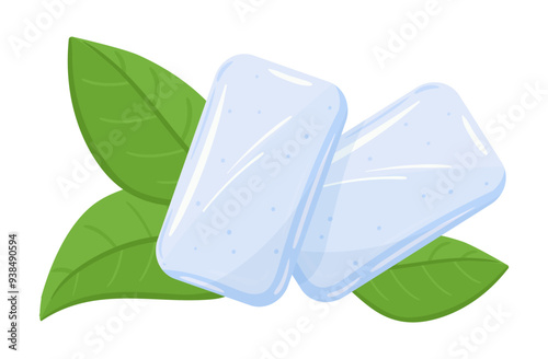 Cartoon mint gum. Bubblegum pads with mint leaves, breath freshener chewing dragees flat vector illustration. Mint gum on white