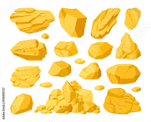 Golden shiny stones. Cartoon gold rocks, yellow mine nuggets for video games design flat vector illustration set. Golden treasure gems collection