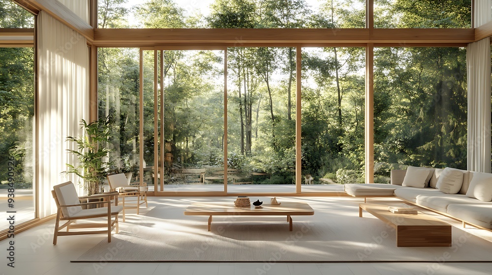 Bright Airy Living Room with Terrace Overlooking a Lush Forest Bright Airy Living Room with Terrace Overlooking a Lush Forest