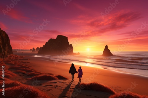 Image of a couple walking on a beach at sunset with a stunning sky and rock formations in the background. The warm sunset colors and silhouettes create a romantic and serene atmosphere. photo