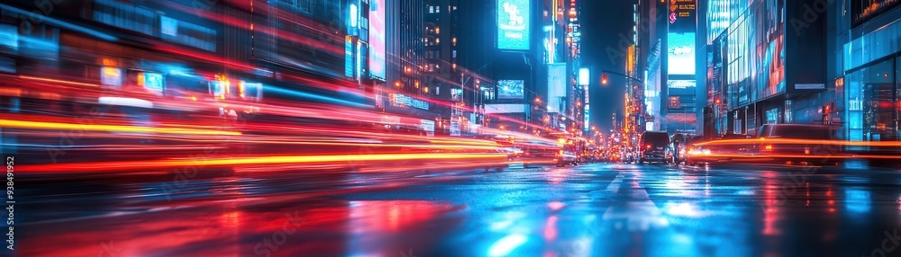 Fototapeta premium Urban photography capturing the bustling energy of a city at night, with neon lights and blurred motion, Dynamic, Cool Tones, Wide Angle