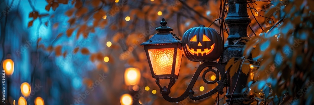 Halloween-inspired decorations on a lamppost Halloween-inspired decorations on a lamppost
