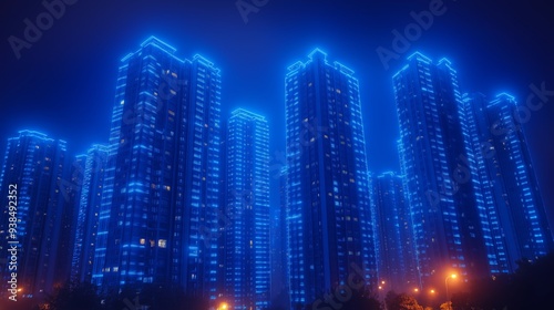 Graphic illustration of residential buildings with blue lines and laser contours. Digital building artwork with laser emission on building outlines.