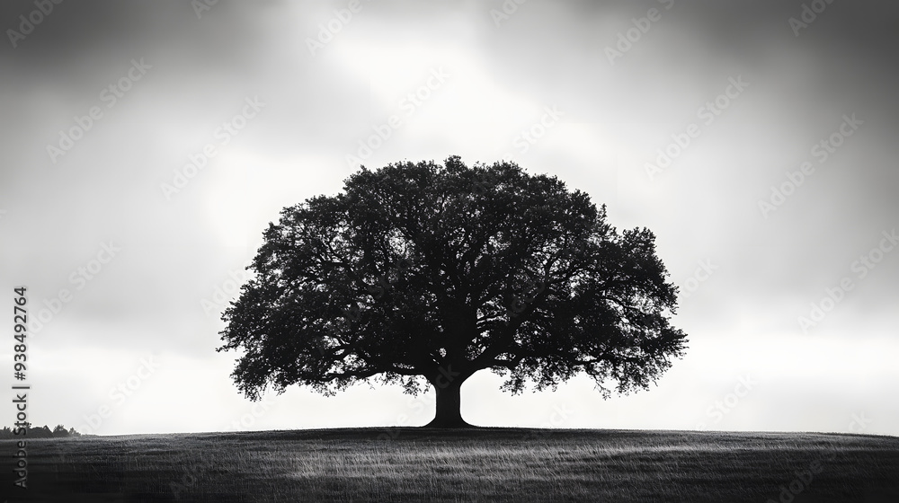 Obraz premium silhouette black and white photo oak tree