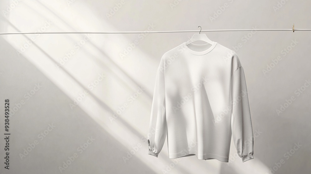 A white long-sleeved t-shirt hanging on a clothes hanger against a white wall with shadows. A white long-sleeved t-shirt hanging on a clothes hanger against a white wall with shadows.