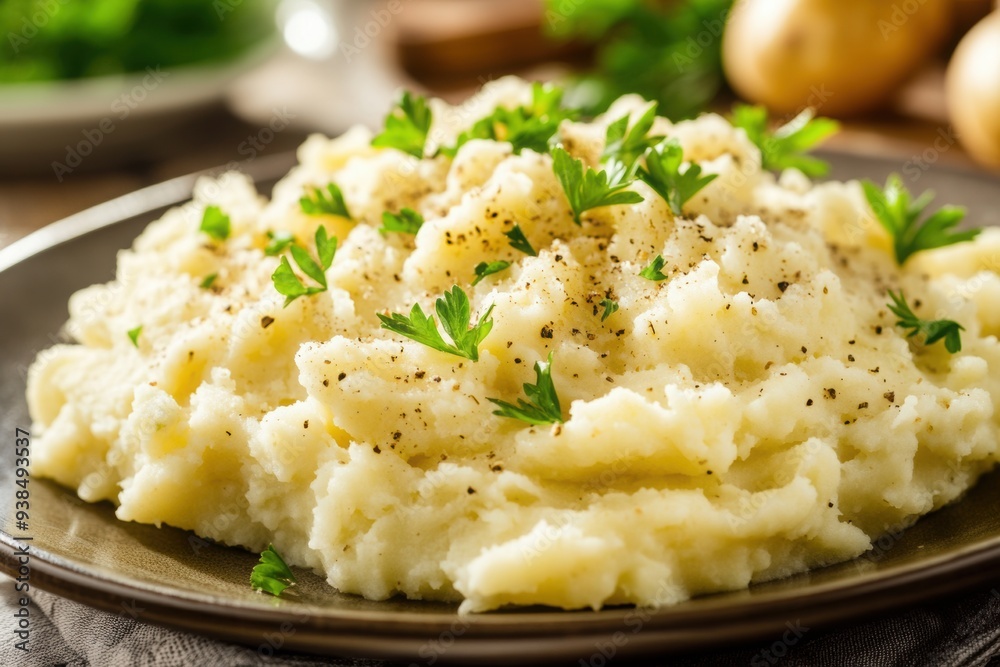 Buttery garlic mashed potatoes, garnished with fresh parsley and cracked black pepper Buttery garlic mashed potatoes, garnished with fresh parsley and cracked black pepper