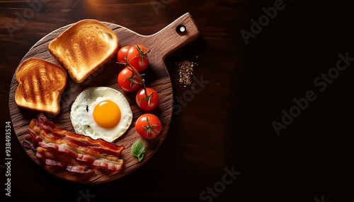 Rustic breakfast with eggs and bacon Space for text