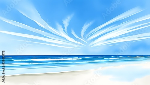 Dreamy Coastal Scene with Delicate Clouds and Gentle Waves - Watercolor Painting