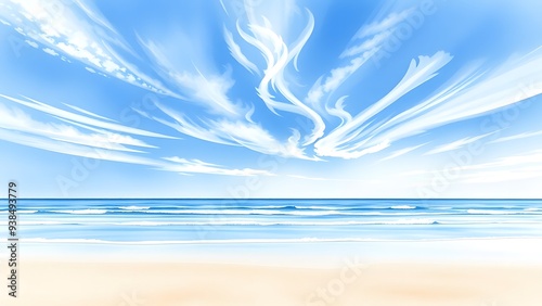 Dreamy Coastal Scene with Delicate Clouds and Gentle Waves - Watercolor Painting