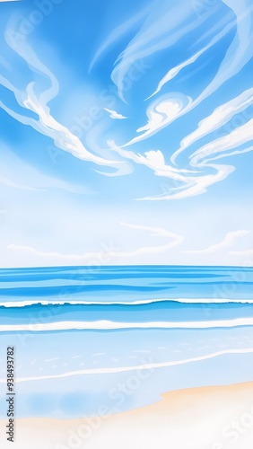 Dreamy Coastal Scene with Delicate Clouds and Gentle Waves - Watercolor Painting