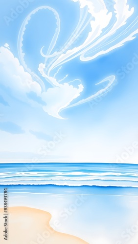 Dreamy Coastal Scene with Delicate Clouds and Gentle Waves - Watercolor Painting