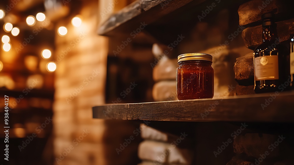 Gourmet Food Shop Close-Up with Rustic Wooden Shelf and Artisan Jam Gourmet Food Shop Close-Up with Rustic Wooden Shelf and Artisan Jam