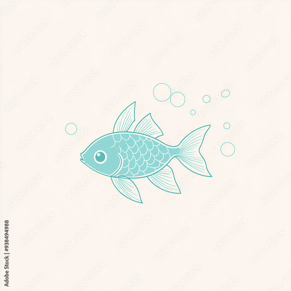 Minimal Line Art of a Fish Swimming with Bubbles: Refreshing Aquatic Scene