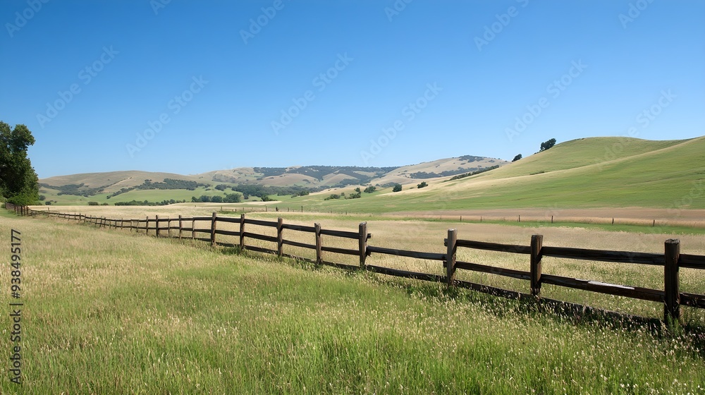 Obraz premium A serene ranch landscape featuring rolling hills, a rustic wooden fence, and a clear blue sky