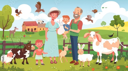 Happy Family on a Farm with Animals