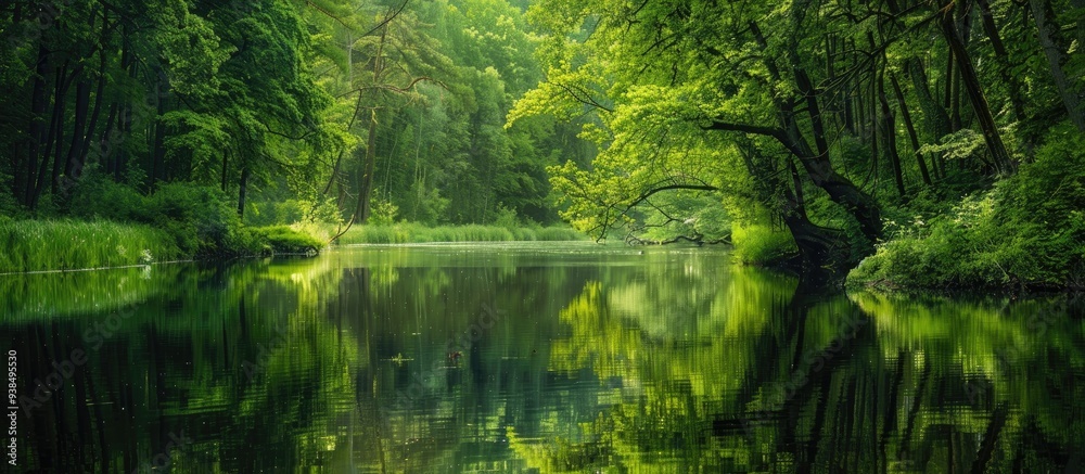 Fototapeta premium Bank Of River With Thick Forest Reflected In Water