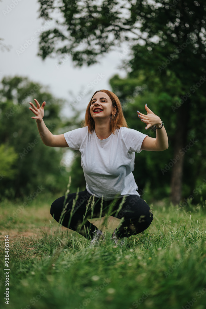 A cheerful woman with red hair expresses happiness while squatting in a lush green park setting. Her joyful expression complements the vibrant outdoor landscape.