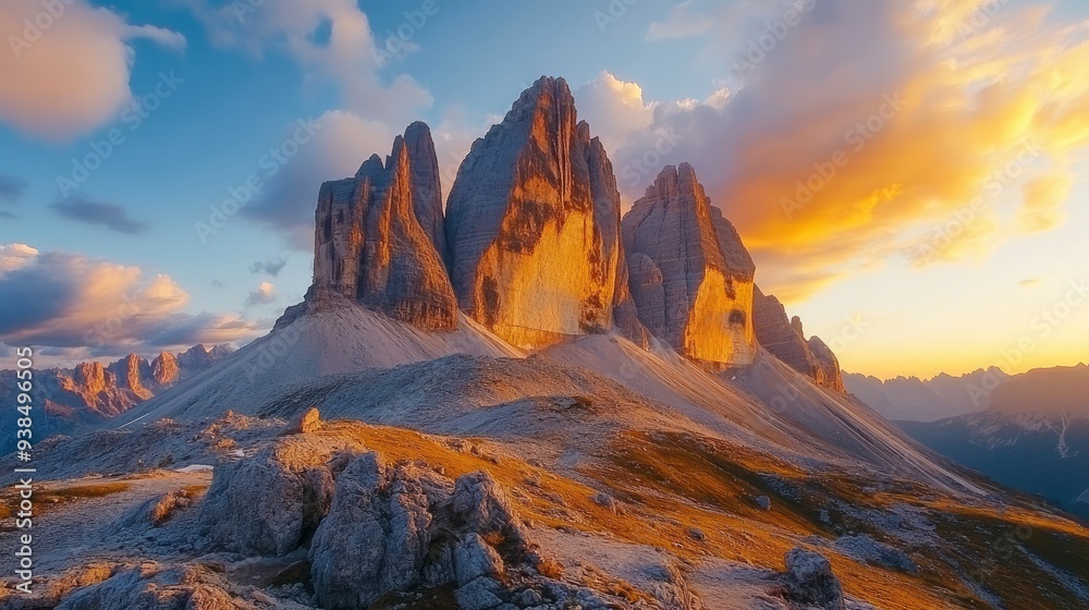 Naklejka premium A mighty rocky massif Tre Cime di Lavaredo. Location place Italian Alps, Sexten Dolomiti, South Tyrol, Europe. Photo wallpaper. Popular tourist attraction. Discover the beauty of earth , ai