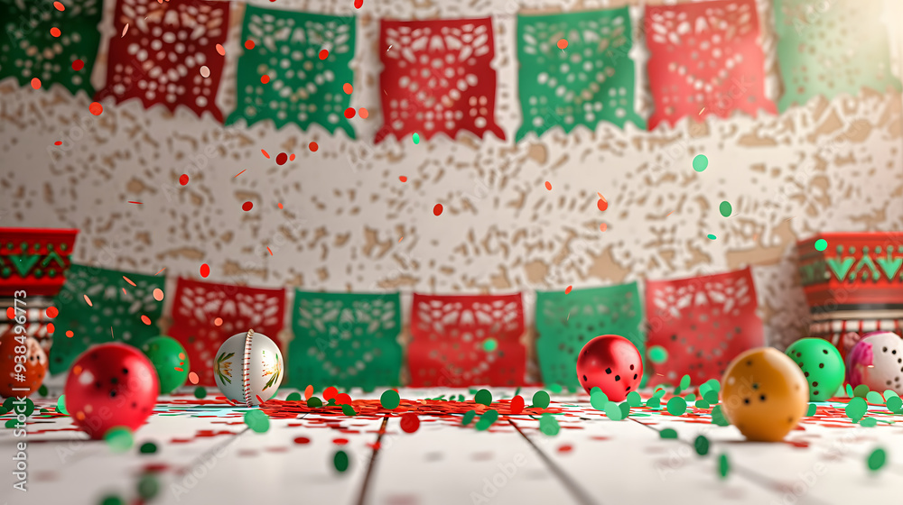 Colorful Mexican festive background with papel picado and decorative elements. September 16 Colorful Mexican festive background with papel picado and decorative elements. September 16