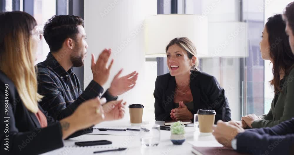 Business people, applause and meeting in office with celebration, promotion or profit at investment agency. Group, leader woman and teamwork with announcement, success and cheers for financial goals Business people, applause and meeting in office with celebration, promotion or profit at investment agency. Group, leader woman and teamwork with announcement, success and cheers for financial goals