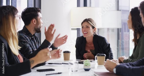Wallpaper Mural Business people, applause and meeting in office with celebration, promotion or profit at investment agency. Group, leader woman and teamwork with announcement, success and cheers for financial goals Torontodigital.ca