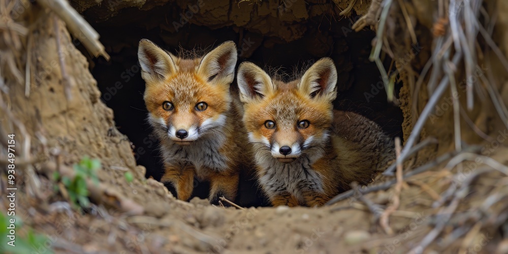 Young foxes emerging from their den to play in the garden. Young foxes emerging from their den to play in the garden.